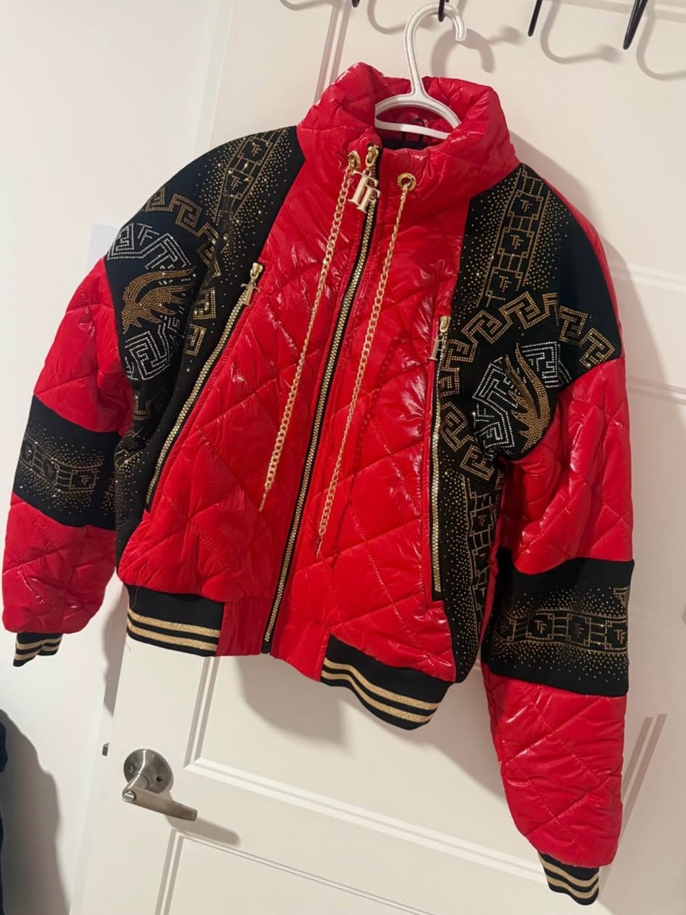 Adult Quilted Red Puffer Jacket with Gold Trim and Black Accents
